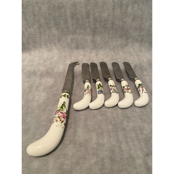 Portmeirion Botanic Garden Cheese Knife and 5 Spreaders Flowers Ceramic - Picture 6 of 7